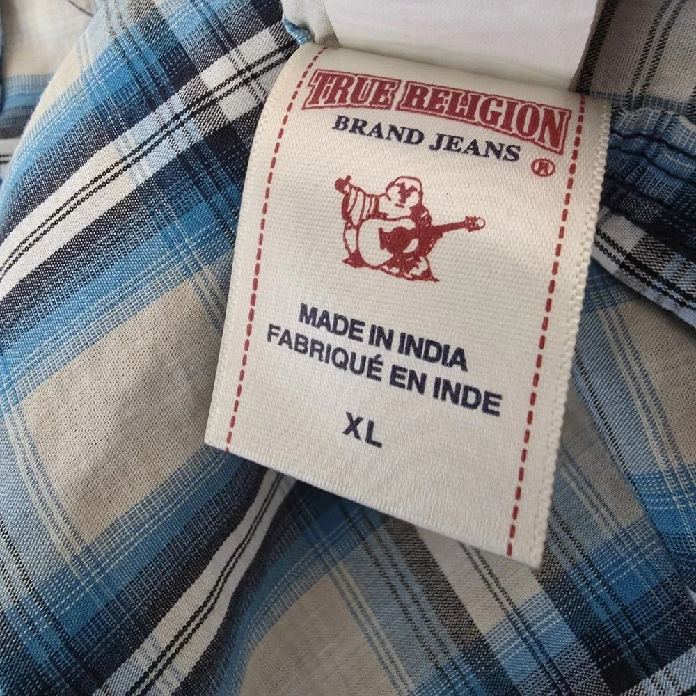 True Religion Western Shirt Mens XL Blue Plaid Pearl Snap Cowboy Rodeo Sawtooth*